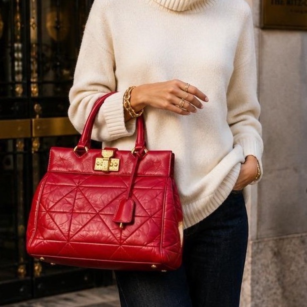 Vintage Marc Jacobs Cherry Red Leather Quilted Satchel Bag Y2K Made in Italy